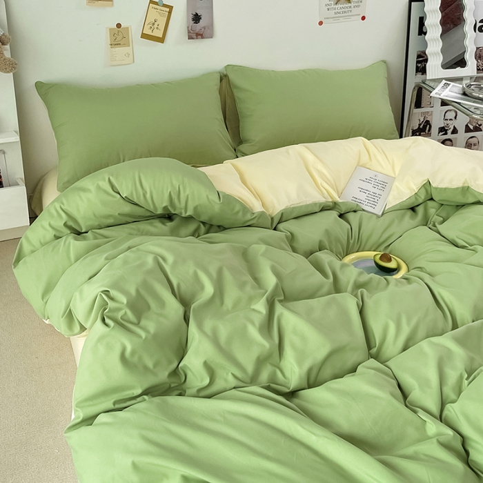 91家纺网 家纺一手货源 找家纺 蓝淋家纺 2022新款纯色双拼四件套 浅绿米黄