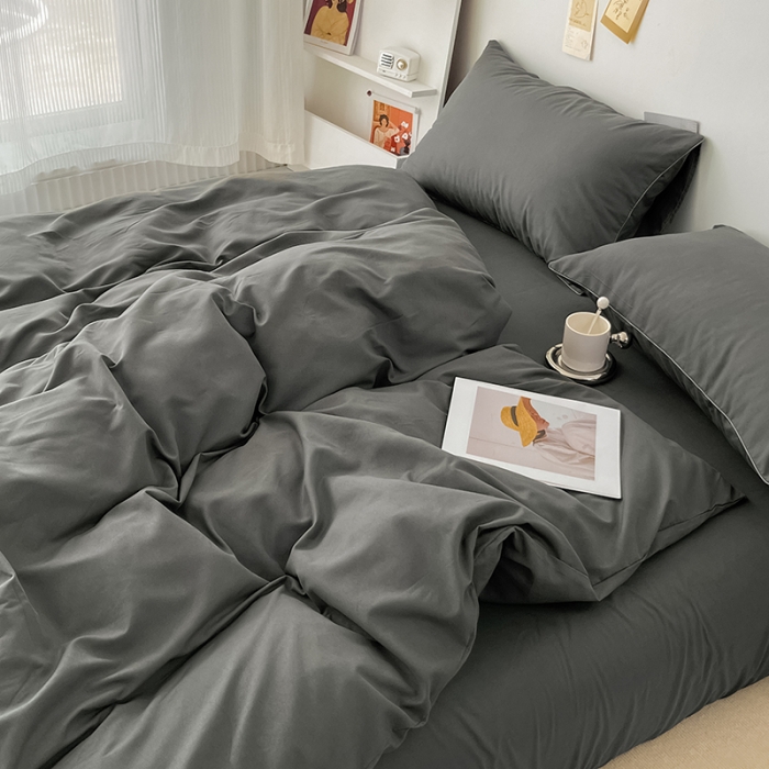 91家纺网 家纺一手货源 找家纺 蓝淋家纺 2022新款纯色双拼四件套 深灰色