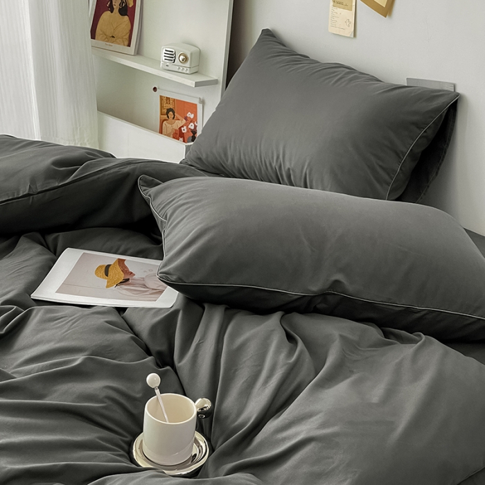 91家纺网 家纺一手货源 找家纺 蓝淋家纺 2022新款纯色双拼四件套 深灰色