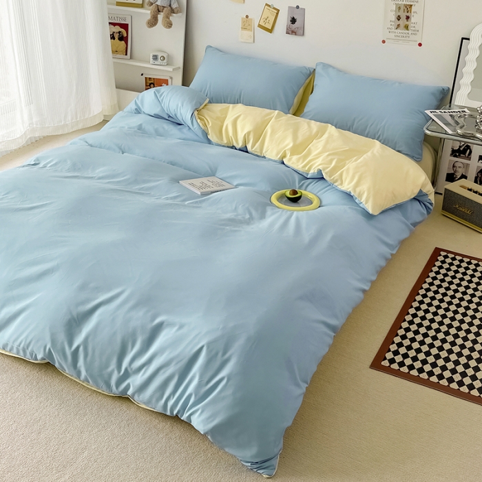 91家纺网 家纺一手货源 找家纺 蓝淋家纺 2022新款纯色双拼四件套 天空蓝芝士