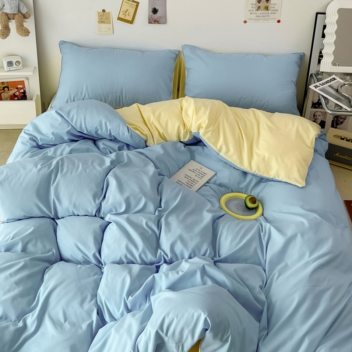 91家纺网 家纺一手货源 找家纺 蓝淋家纺 2022新款纯色双拼四件套 天空蓝芝士