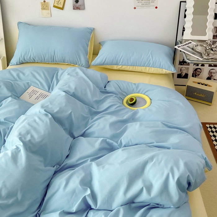 91家纺网 家纺一手货源 找家纺 蓝淋家纺 2022新款纯色双拼四件套 天空蓝芝士