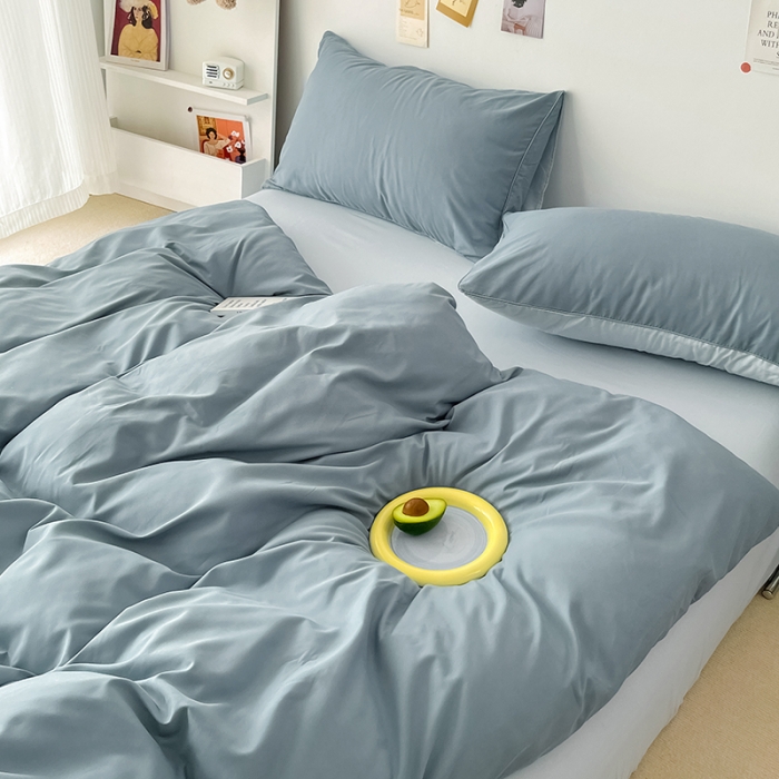 91家纺网 家纺一手货源 找家纺 蓝淋家纺 2022新款纯色双拼四件套 月光雾蓝