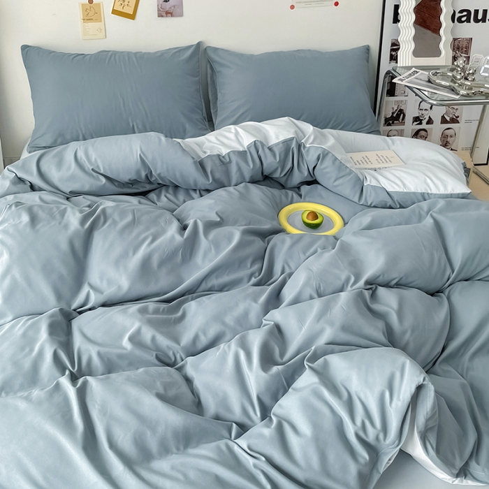 91家纺网 家纺一手货源 找家纺 蓝淋家纺 2022新款纯色双拼四件套 月光雾蓝