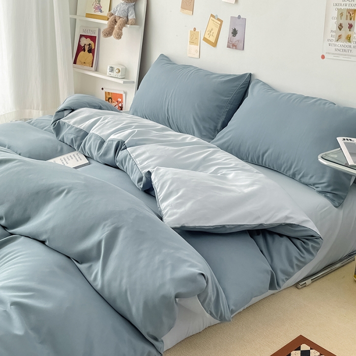 91家纺网 家纺一手货源 找家纺 蓝淋家纺 2022新款纯色双拼四件套 月光雾蓝