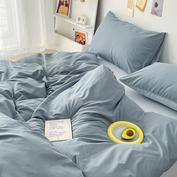 91家纺网 家纺一手货源 找家纺 蓝淋家纺 2022新款纯色双拼四件套 月光雾蓝