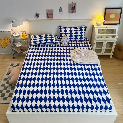 91家纺网 家纺一手货源 找家纺 宏源家纺 2022新款亲肤棉芦荟棉单床笠 蓝菱格