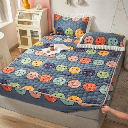 91家纺网 家纺一手货源 找家纺 舒居2022新款200g高克重双防滑牛奶绒床笠 表情包-灰蓝