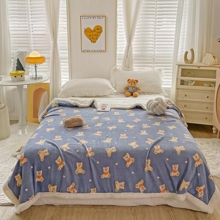 91家纺网 家纺一手货源 找家纺 麦朵新款牛奶绒羊羔绒毛毯单被套两用多功能法莱绒盖毯领结熊-兰