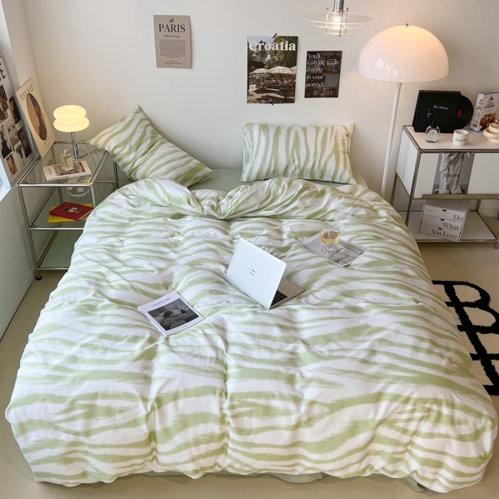 91家纺网 家纺一手货源 找家纺 昔可家纺2022新款全棉四件套豹纹系列 奶油绿豹纹