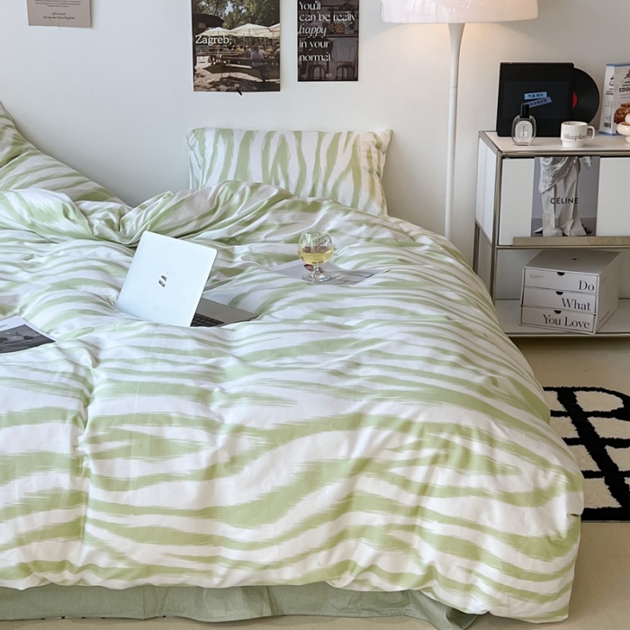 91家纺网 家纺一手货源 找家纺 昔可家纺2022新款全棉四件套豹纹系列 奶油绿豹纹