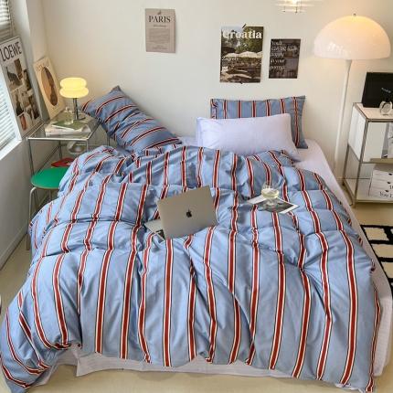 91家纺网 家纺一手货源 找家纺 昔可家纺2022新款韩风简约条纹全棉套件混搭款 混搭红蓝条