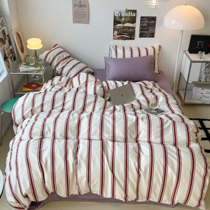 91家纺网 家纺一手货源 找家纺 昔可家纺2022新款韩风简约条纹全棉套件混搭款 混搭红条