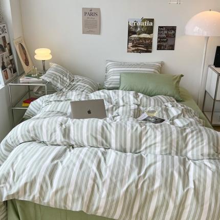 91家纺网 家纺一手货源 找家纺 昔可家纺2022新款韩风简约条纹全棉套件混搭款 混搭绿白条