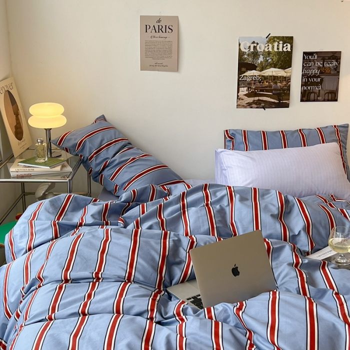 91家纺网 家纺一手货源 找家纺 昔可家纺2022新款韩风简约条纹全棉套件混搭款 混搭红蓝条