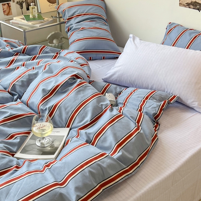 91家纺网 家纺一手货源 找家纺 昔可家纺2022新款韩风简约条纹全棉套件混搭款 混搭红蓝条