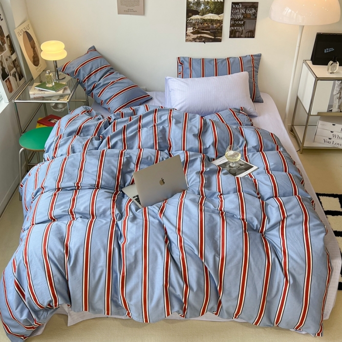 91家纺网 家纺一手货源 找家纺 昔可家纺2022新款韩风简约条纹全棉套件混搭款 混搭红蓝条