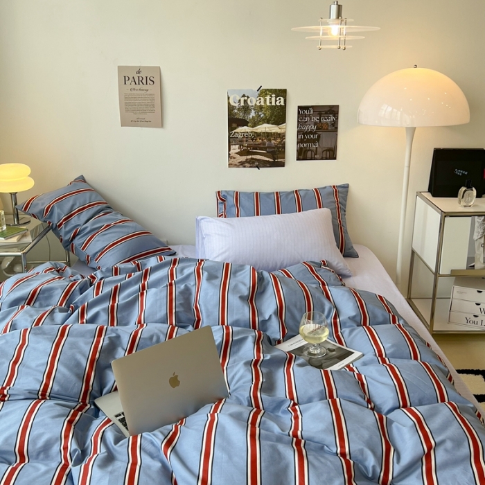 91家纺网 家纺一手货源 找家纺 昔可家纺2022新款韩风简约条纹全棉套件混搭款 混搭红蓝条