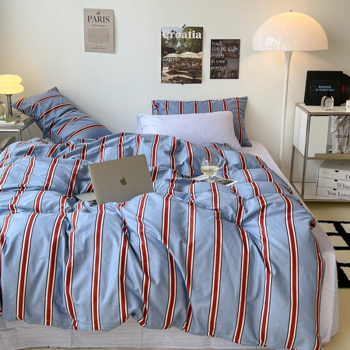 91家纺网 家纺一手货源 找家纺 昔可家纺2022新款韩风简约条纹全棉套件混搭款 混搭红蓝条