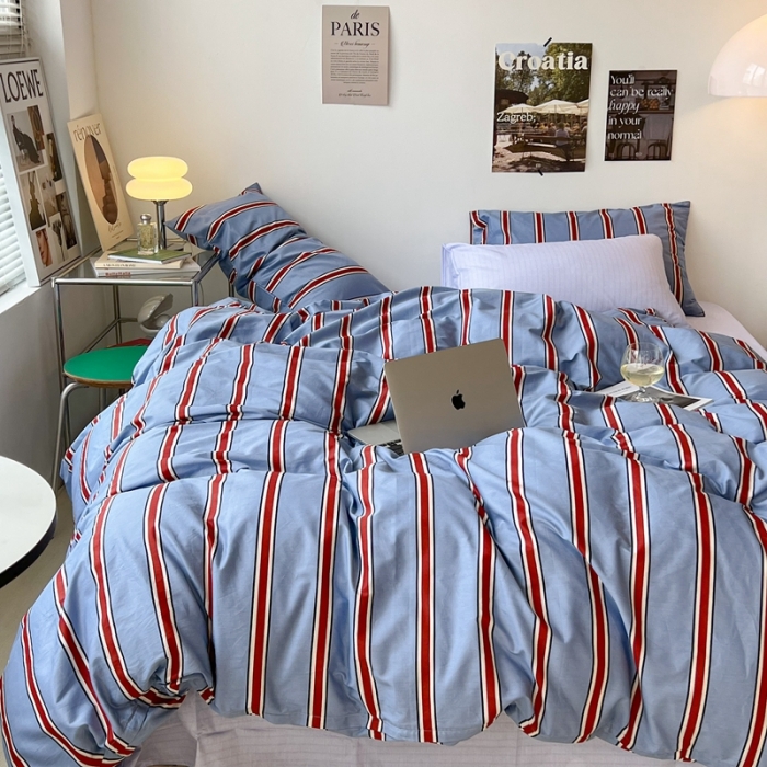 91家纺网 家纺一手货源 找家纺 昔可家纺2022新款韩风简约条纹全棉套件混搭款 混搭红蓝条