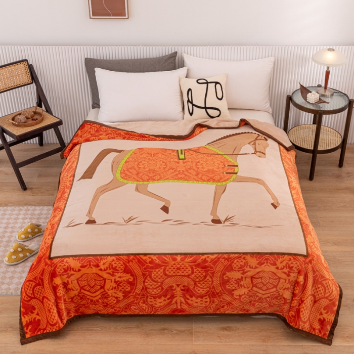 91家纺网 家纺一手货源 找家纺 卡奥新双层大版AB版云貂绒毛毯法莱绒休闲盖毯沙发空调毯 骏马