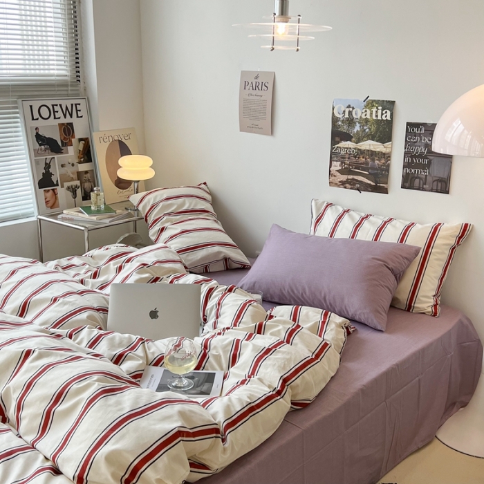 91家纺网 家纺一手货源 找家纺 昔可家纺2022新款韩风简约条纹全棉套件混搭款 混搭红条