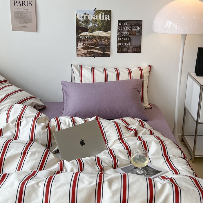 91家纺网 家纺一手货源 找家纺 昔可家纺2022新款韩风简约条纹全棉套件混搭款 混搭红条