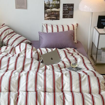 昔可家纺2022新款韩风简约条纹全棉套件混搭款 混搭红条
