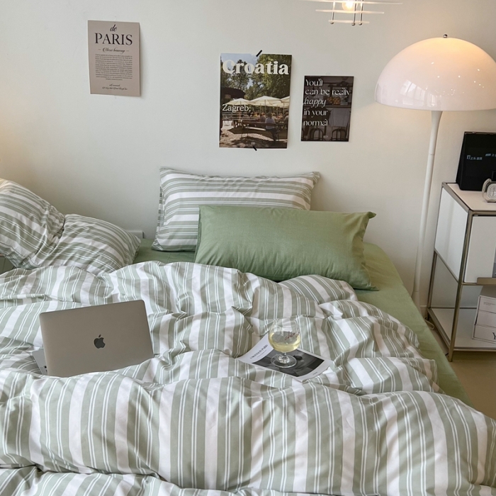 91家纺网 家纺一手货源 找家纺 昔可家纺2022新款韩风简约条纹全棉套件混搭款 混搭绿白条