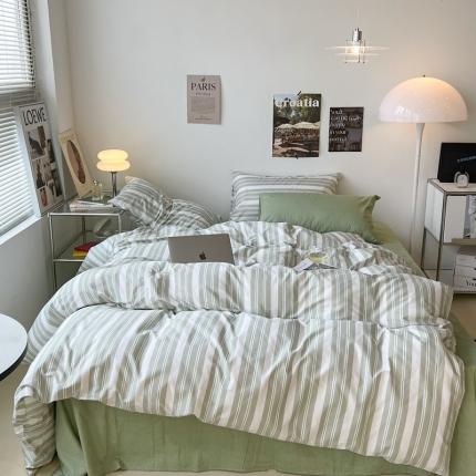昔可家纺2022新款韩风简约条纹全棉套件混搭款 混搭绿白条