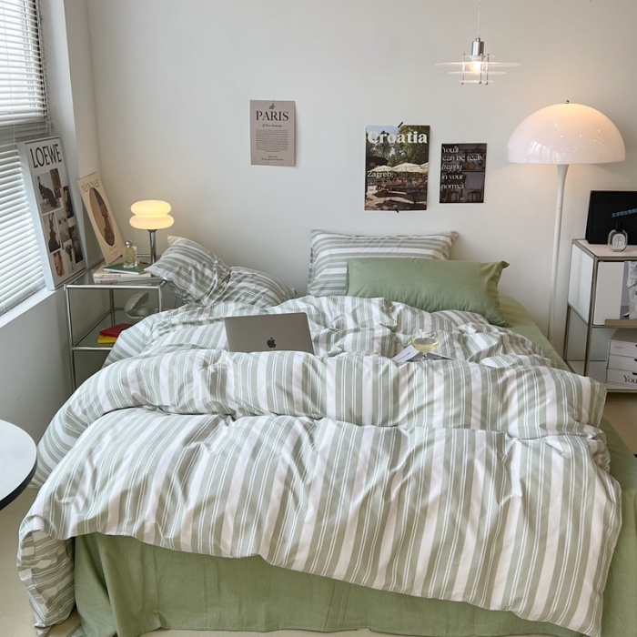 91家纺网 家纺一手货源 找家纺 昔可家纺2022新款韩风简约条纹全棉套件混搭款 混搭绿白条