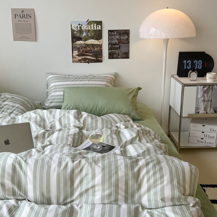 91家纺网 家纺一手货源 找家纺 昔可家纺2022新款韩风简约条纹全棉套件混搭款 混搭绿白条