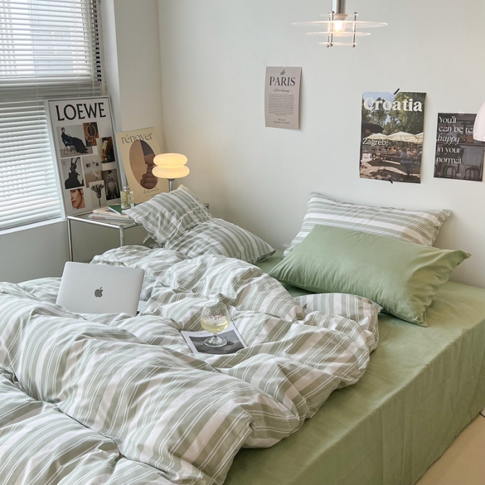 91家纺网 家纺一手货源 找家纺 昔可家纺2022新款韩风简约条纹全棉套件混搭款 混搭绿白条