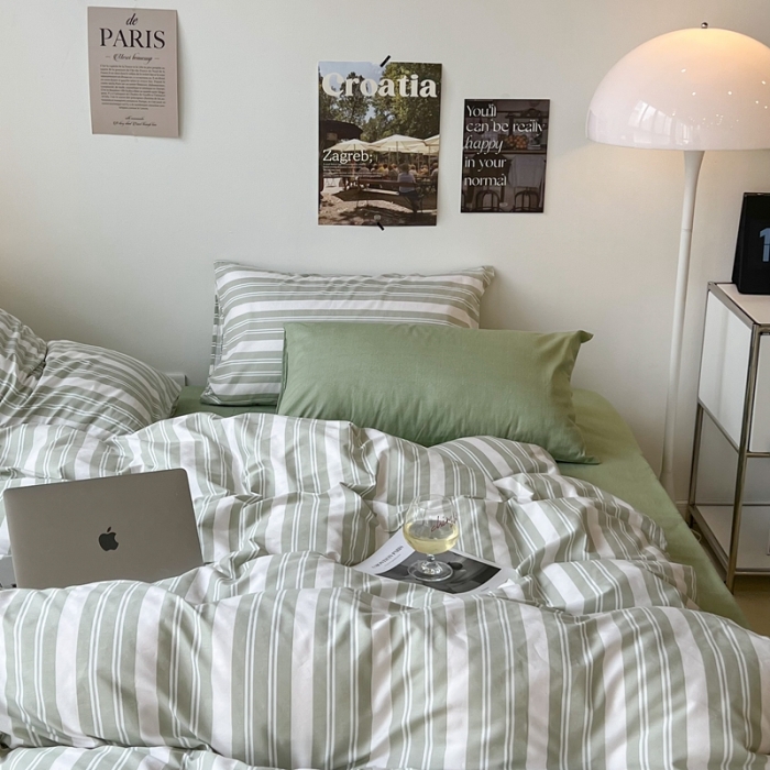 91家纺网 家纺一手货源 找家纺 昔可家纺2022新款韩风简约条纹全棉套件混搭款 混搭绿白条