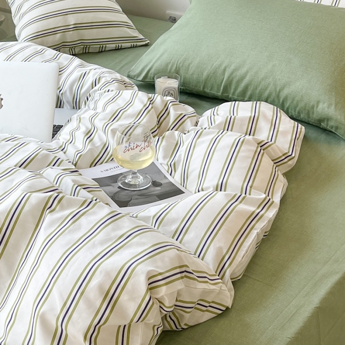91家纺网 家纺一手货源 找家纺 昔可家纺2022新款韩风简约条纹全棉套件混搭款 混搭绿竖条
