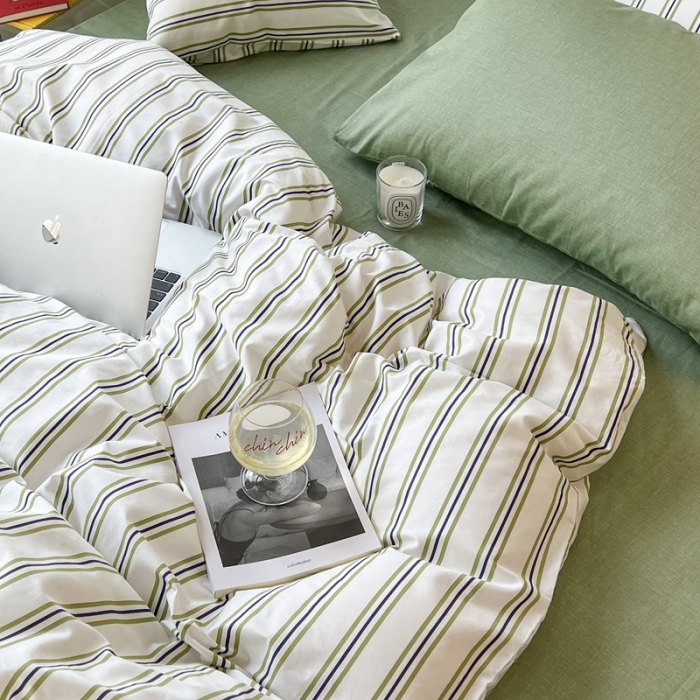 91家纺网 家纺一手货源 找家纺 昔可家纺2022新款韩风简约条纹全棉套件混搭款 混搭绿竖条