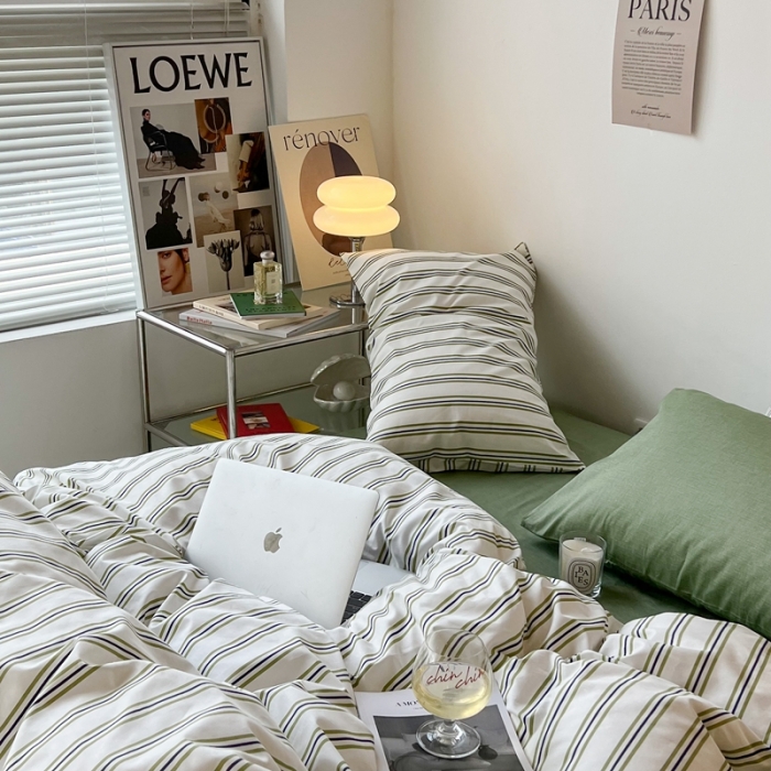 91家纺网 家纺一手货源 找家纺 昔可家纺2022新款韩风简约条纹全棉套件混搭款 混搭绿竖条