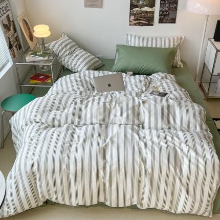 昔可家纺2022新款韩风简约条纹全棉套件混搭款 混搭绿竖条