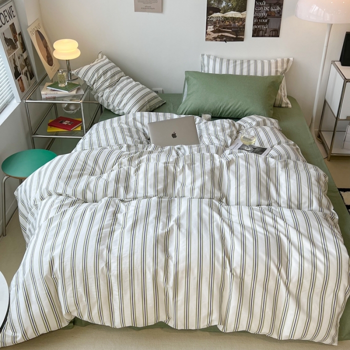 91家纺网 家纺一手货源 找家纺 昔可家纺2022新款韩风简约条纹全棉套件混搭款 混搭绿竖条