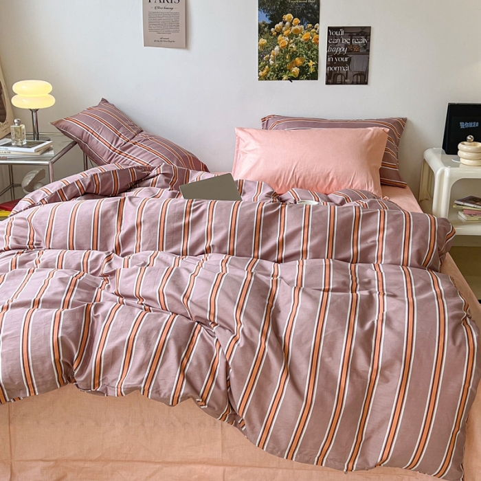 91家纺网 家纺一手货源 找家纺 昔可家纺2022新款韩风简约条纹全棉套件混搭款 混搭棕粉条