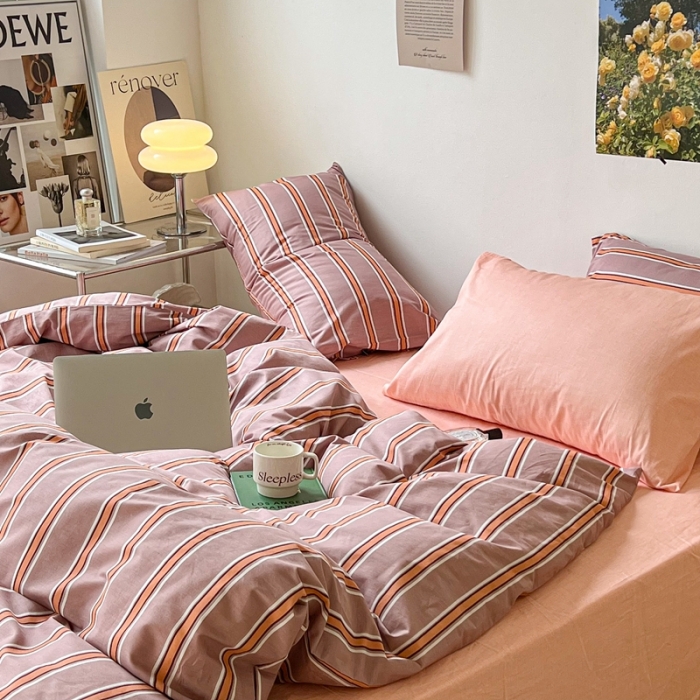 91家纺网 家纺一手货源 找家纺 昔可家纺2022新款韩风简约条纹全棉套件混搭款 混搭棕粉条