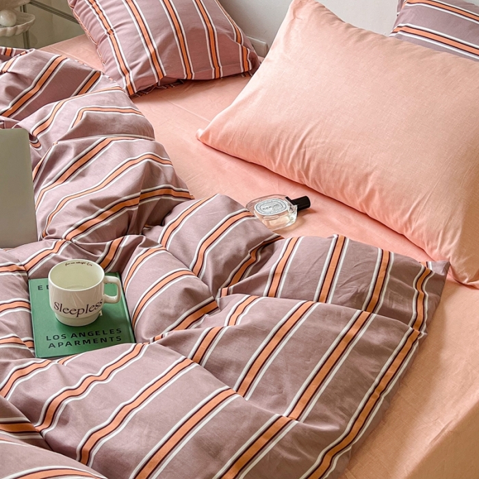 91家纺网 家纺一手货源 找家纺 昔可家纺2022新款韩风简约条纹全棉套件混搭款 混搭棕粉条