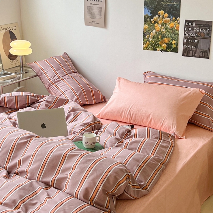 91家纺网 家纺一手货源 找家纺 昔可家纺2022新款韩风简约条纹全棉套件混搭款 混搭棕粉条