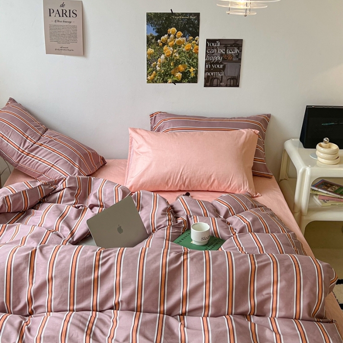 91家纺网 家纺一手货源 找家纺 昔可家纺2022新款韩风简约条纹全棉套件混搭款 混搭棕粉条