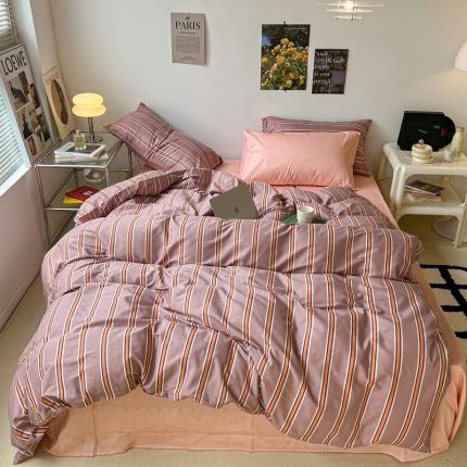 昔可家纺2022新款韩风简约条纹全棉套件混搭款 混搭棕粉条