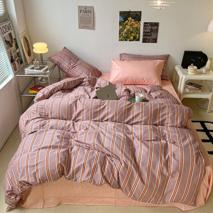 91家纺网 家纺一手货源 找家纺 昔可家纺2022新款韩风简约条纹全棉套件混搭款 混搭棕粉条