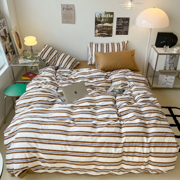 91家纺网 家纺一手货源 找家纺 昔可家纺2022新款韩风简约条纹全棉套件混搭款 混搭棕条