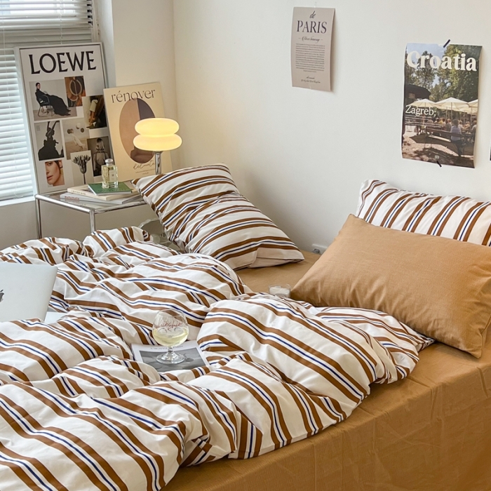 91家纺网 家纺一手货源 找家纺 昔可家纺2022新款韩风简约条纹全棉套件混搭款 混搭棕条