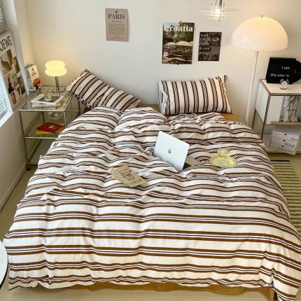 91家纺网 家纺一手货源 找家纺 昔可家纺2022新款韩风简约条纹全棉套件正常款 棕横条