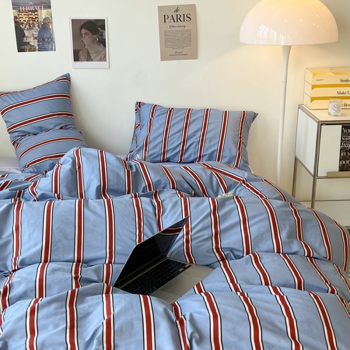 91家纺网 家纺一手货源 找家纺 昔可家纺2022新款韩风简约条纹全棉套件正常款 红蓝条